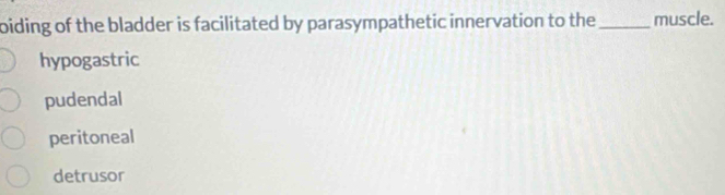 oiding of the bladder is facilitated by parasympathetic innervation to the _muscle.
hypogastric
pudendal
peritoneal
detrusor