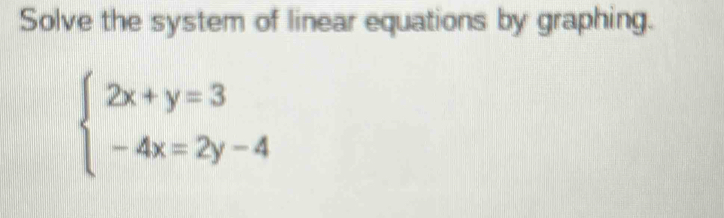 Solve the system of linear equations by graphing.
beginarrayl 2x+y=3 -4x=2y-4endarray.