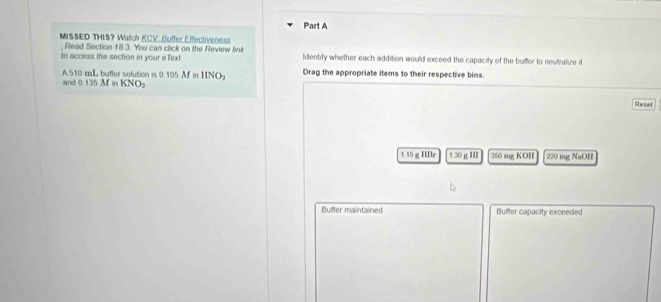 MISSED THIS? Watch KCV. Buffer Effectiveness 
Read Section 18 3. You can click on the Review tink 
to access the section in your efext ldentify whether each addition would exceed the capacity of the butfer to neutralize it 
A 510 mL butter solution is 0 105 M in HNO Drag the appropriate items to their respective bins. 
and 0.135 M in KNO
Reset 
1 15 g HBr 1.30 g HI 350 mg KOH 220 mg NaOH
Buffer maintained Buffer capacity exceeded