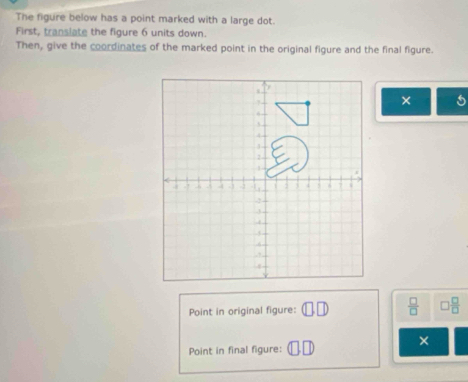 The figure below has a point marked with a large dot. 
First, translate the figure 6 units down. 
Then, give the coordinates of the marked point in the original figure and the final figure. 
× 
Point in original figure:
 □ /□    □ /□  
× 
Point in final figure: