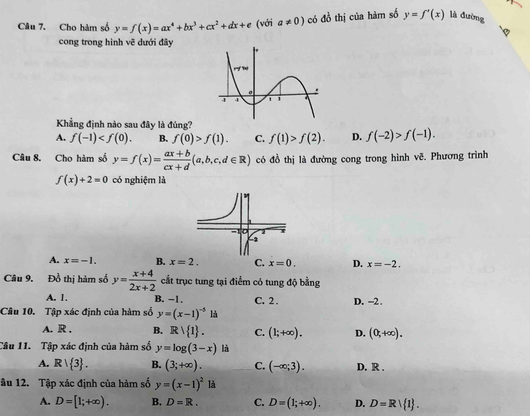 Cho hàm số y=f(x)=ax^4+bx^3+cx^2+dx+e (với a!= 0) có dhat o thị của hàm số y=f'(x) là đường
cong trong hình vẽ dưới đây
Khẳng định nào sau đây là đúng?
A. f(-1) B. f(0)>f(1). C. f(1)>f(2). D. f(-2)>f(-1).
Câu 8. Cho hàm số y=f(x)= (ax+b)/cx+d (a,b,c,d∈ R) có đồ thị là đường cong trong hình vẽ. Phương trình
f(x)+2=0 có nghiệm là
A. x=-1. B. x=2. C. x=0. D. x=-2.
Câu 9. D^(frac 1)2 thị hàm số y= (x+4)/2x+2  cắt trục tung tại điểm có tung độ bằng
A. 1. B. −1. C. 2 . D. -2 .
Câu 10. Tập xác định của hàm số y=(x-1)^-5la
A. R . B. Rvee  1 . C. (1;+∈fty ).
D. (0;+∈fty ).
Câu 11. Tập xác định của hàm số y=log (3-x) là
A. R| 3 . B. (3;+∈fty ). C. (-∈fty ;3). D. R .
âu 12. Tập xác định của hàm số y=(x-1)^2 là
A. D=[1;+∈fty ). B. D=R. C. D=(1;+∈fty ). D. D=R| 1 .