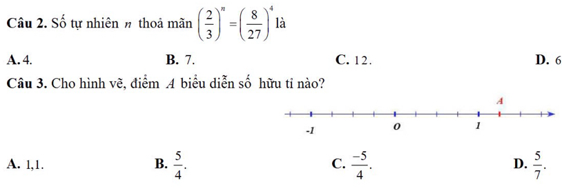 Số tự nhiên # thoả mãn ( 2/3 )^n=( 8/27 )^4 là
A. 4. B. 7. C. 12. D. 6
Câu 3. Cho hình vẽ, điểm A biểu diễn số hữu tỉ nào?
A. 1,1. B.  5/4 . C.  (-5)/4 . D.  5/7 .