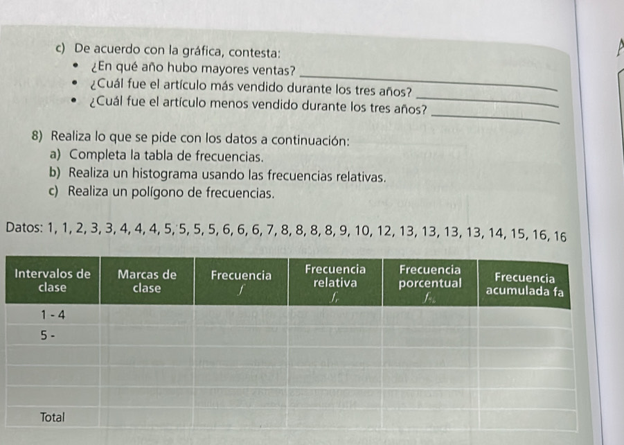 De acuerdo con la gráfica, contesta: 
_ 
¿En qué año hubo mayores ventas? 
¿Cuál fue el artículo más vendido durante los tres años? 
_ 
¿Cuál fue el artículo menos vendido durante los tres años? 
_ 
8) Realiza lo que se pide con los datos a continuación: 
a) Completa la tabla de frecuencias. 
b) Realiza un histograma usando las frecuencias relativas. 
c) Realiza un polígono de frecuencias. 
Datos: 1, 1, 2, 3, 3, 4, 4, 4, 5, 5, 5, 5, 6, 6, 6, 7, 8, 8, 8, 8, 9, 10, 12, 13, 13, 13, 13, 14, 15, 16, 16