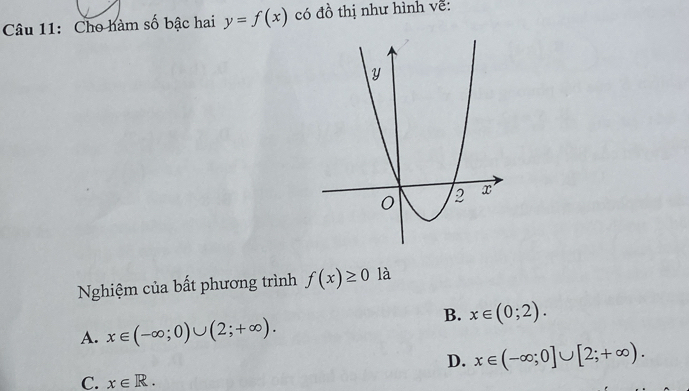 Cho hàm số bậc hai y=f(x) có đồ thị như hình về:
Nghiệm của bất phương trình f(x)≥ 0 là
B. x∈ (0;2).
A. x∈ (-∈fty ;0)∪ (2;+∈fty ).
D. x∈ (-∈fty ;0]∪ [2;+∈fty ).
C. x∈ R.