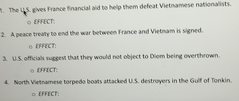 The U.S. gives France financial aid to help them defeat Vietnamese nationalists. 
EFFECT: 
2. A peace treaty to end the war between France and Vietnam is signed. 
EFFECT: 
3. U.S. officials suggest that they would not object to Diem being overthrown. 
EFFECT: 
4. North Vietnamese torpedo boats attacked U.S. destroyers in the Gulf of Tonkin. 
EFFECT: