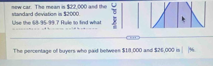 new car. The mean is $22,000 and the 
standard deviation is $2000. 
Use the 68-95-99.7 Rule to find what B 
The percentage of buyers who paid between $18,000 and $26,000 is | | %.