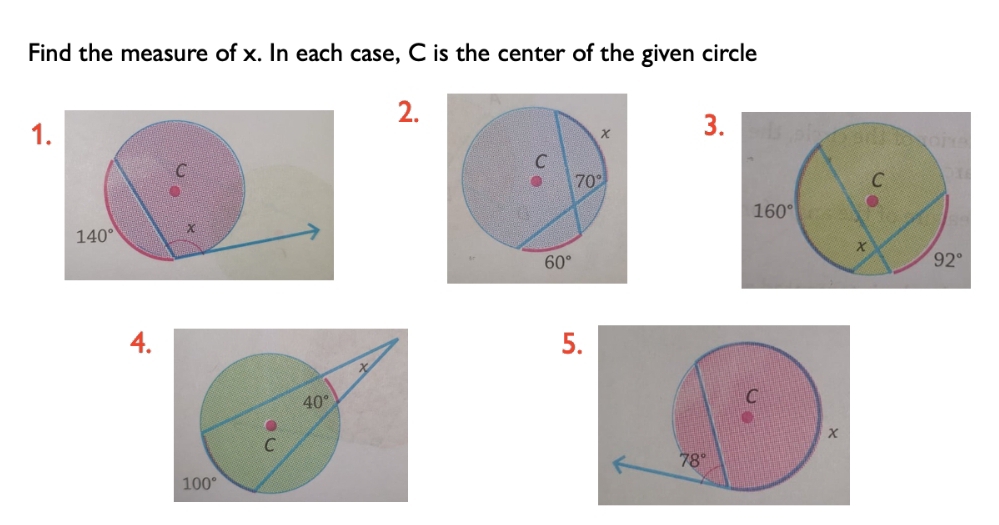 Find the measure of x. In each case, C is the center of the given circle
2.
1.
3.
4.
5.