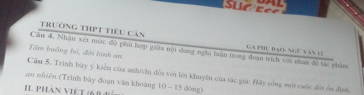 SU Ece 
trườnG THPT TIểU Cần 
GA phụ đạo- ngữ văn 12
Câu 4. Nhận xét mức độ phù hợp giữa nội dung nghị luận trong đoạn trích với nhan để tác phẩm 
Tâm buông bỏ, đời bình an. 
Câu 5. Trình bày ý kiến của anh/chị đối với lời khuyên của tác giả: Hãy sống một cuộc đời ôn định, 
an nhiên.(Trình bày đoạn văn khoảng 10 - 15 dòng) 
II. phần Viết (6 0 điản