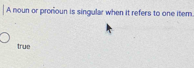 A noun or pronoun is singular when it refers to one item.
true