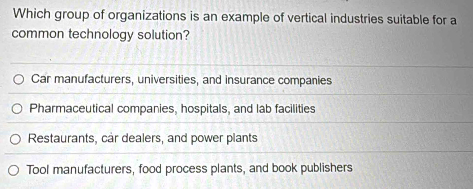 Which group of organizations is an example of vertical industries suitable for a
common technology solution?
Car manufacturers, universities, and insurance companies
Pharmaceutical companies, hospitals, and lab facilities
Restaurants, car dealers, and power plants
Tool manufacturers, food process plants, and book publishers