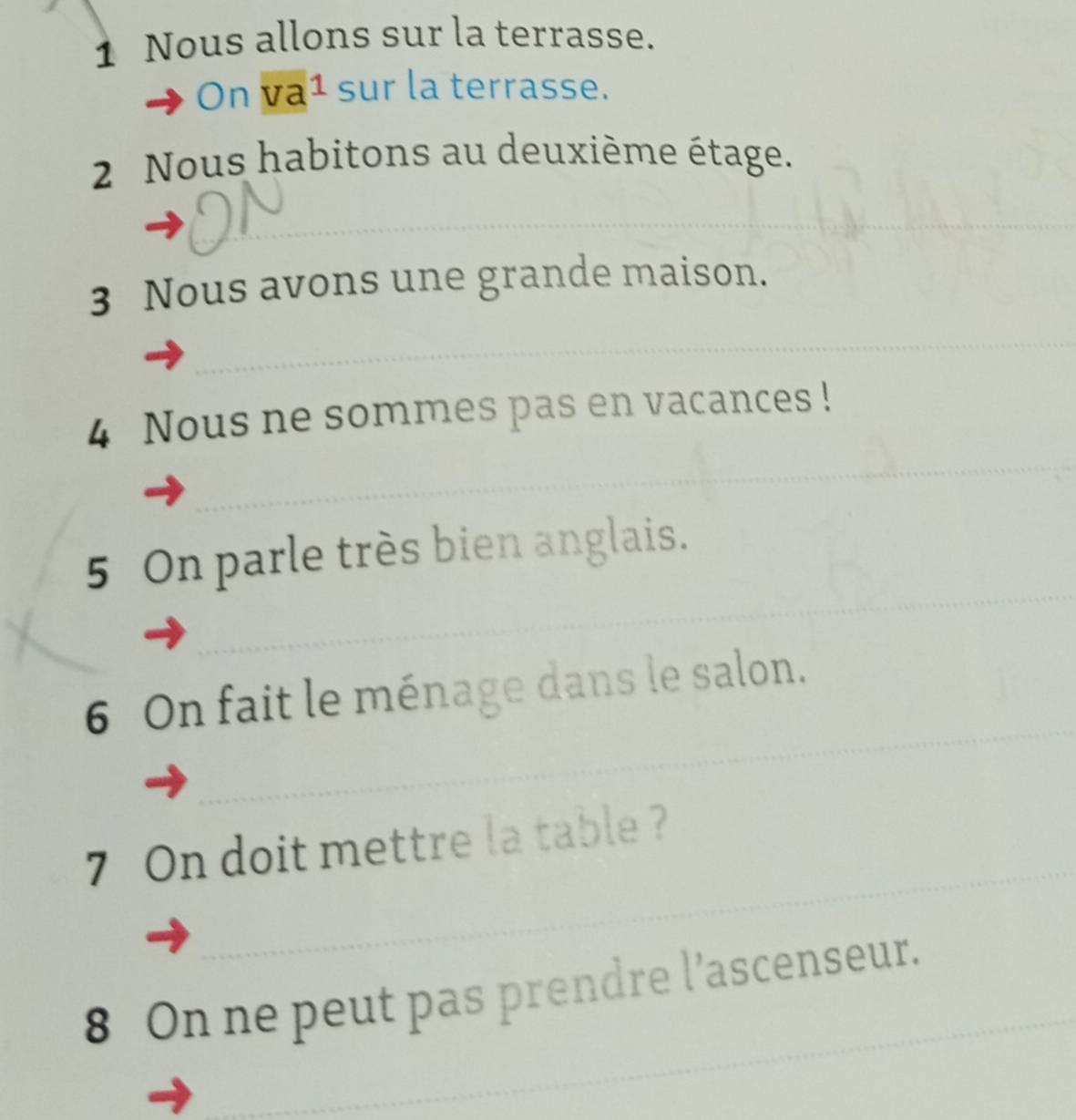 Nous allons sur la terrasse. 
On va1 sur la terrasse. 
2 Nous habitons au deuxième étage. 
_ 
_ 
3 Nous avons une grande maison. 
_ 
_ 
4 Nous ne sommes pas en vacances ! 
_ 
_ 
_ 
5 On parle très bien anglais. 
_ 
_ 
6 On fait le ménage dans le salon. 
_ 
_ 
_ 
_ 
7 On doit mettre la table ? 
_ 
8 On ne peut pas prendre l’ascenseur.