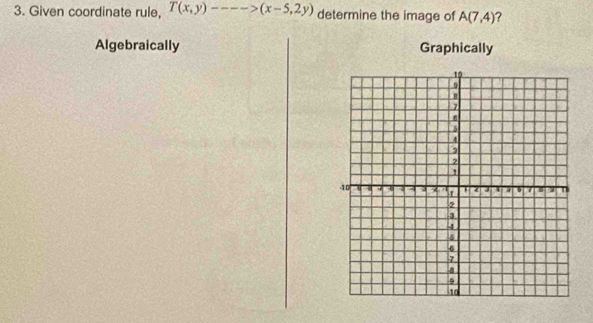 Given coordinate rule, T(x,y)---->(x-5,2y) determine the image of A(7,4) ?
Algebraically Graphically