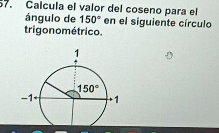 Calcula el valor del coseno para el
ángulo de 150° en el siguiente círculo
trigo nométrico.