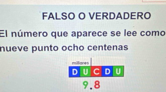 FALSO O VERDADERO 
El número que aparece se lee como 
nueve punto ocho centenas 
millares
D U C D U
9.8