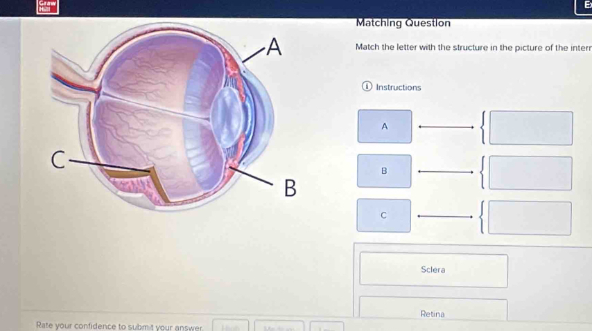 Matching Questlon 
Match the letter with the structure in the picture of the inter 
Instructions 
A 
B 
C 
Sclera 
Retina 
Rate your confidence to submit your answer.