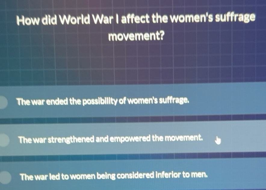 Solved: How did World War I affect the women's suffrage movement? The ...
