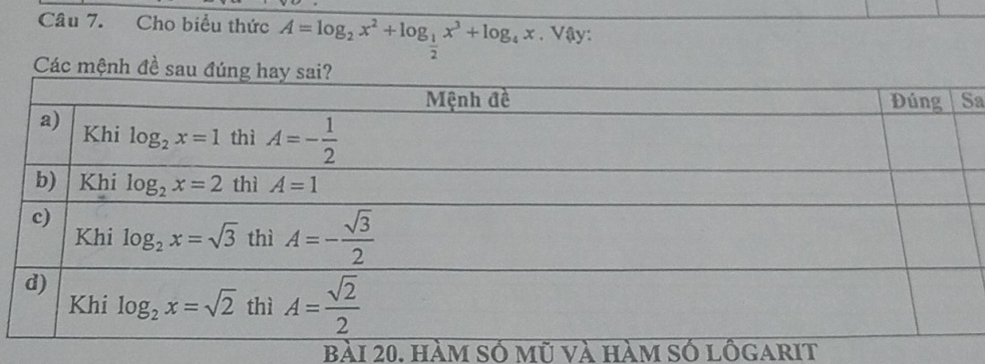 Cho biểu thức A=log _2x^2+log _ 1/2 x^3+log _4x. Vậy:
Các mệnh đ
a
bài 20. hàm số mũ và hàm só lôgarit