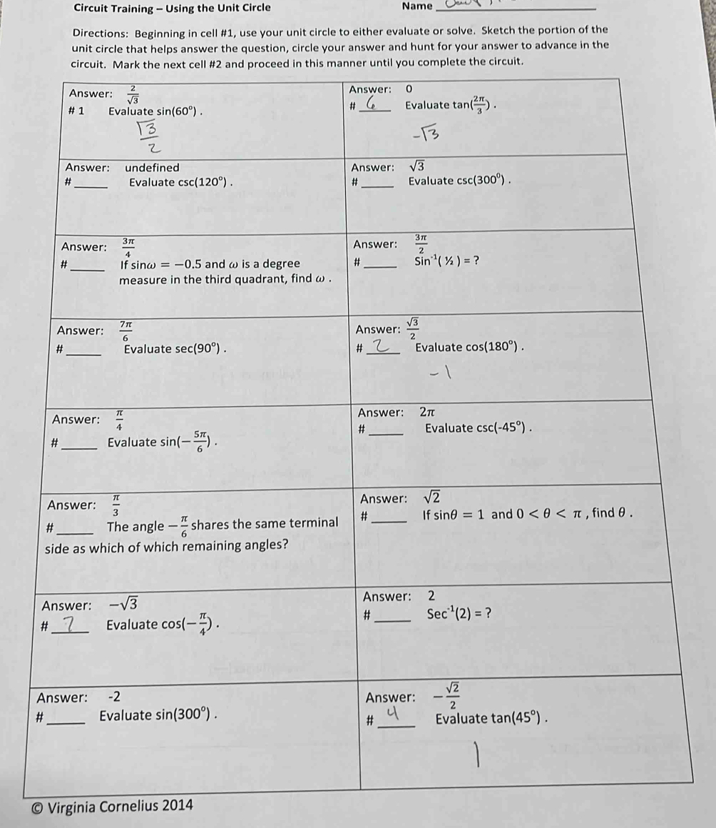Circuit Training - Using the Unit Circle Name_ Directions: Beginning in cell #1, use your [Others]