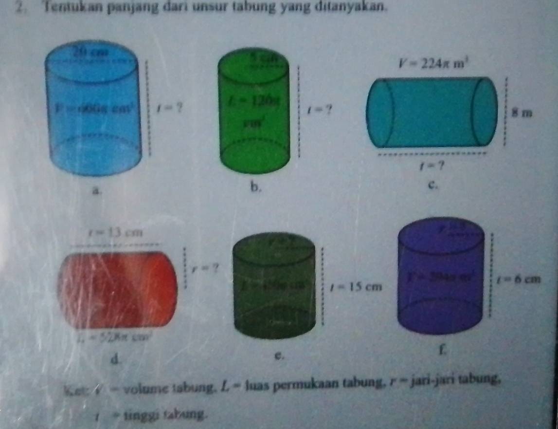 Tentukan panjang dari unsur tabung yang ditanyakan.
c.
d.
e.
etV  = volume tabung, L = luas permukaan tabung, r= 1 ari-jari tabung,
1 tinggi tabung.