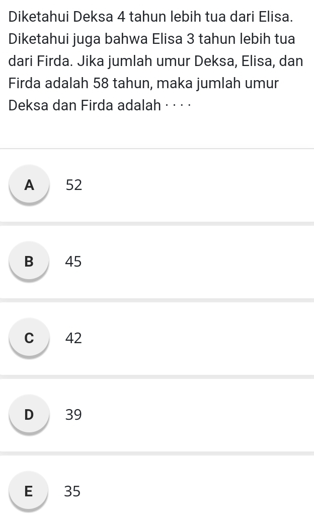 Diketahui Deksa 4 tahun lebih tua dari Elisa.
Diketahui juga bahwa Elisa 3 tahun lebih tua
dari Firda. Jika jumlah umur Deksa, Elisa, dan
Firda adalah 58 tahun, maka jumlah umur
Deksa dan Firda adalah · · · ·
A 52
B 45
C 42
D 39
E 35