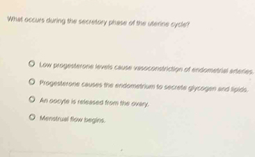 What occurs during the secretory phase of the uterine cycle?
Low progesterone levels cause vasoconstriction of endometrial arteries.
Progesterone causes the endometrium to secrete glycogen and lipids.
An oocyle is released from the ovary.
Menstrual flow begins.