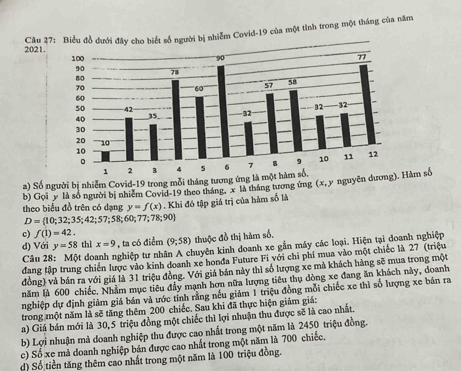 Biềểu đồ dưới đây cho biết số người bị nhiễm Covid-19 của một tỉnh trong một tháng của năm
2021.
a) Số người bị nhiễm Covid-19 trong mỗi tháng tương ứng 
b) Gọi y là số người bị nhiễm Covid-19 theo tháng, x là tháng tương ứng (x, y nguyên Hàm số
theo biểu đồ trên có dạng y=f(x). Khi đó tập giá trị của hàm số là
D= 10;32;35;42;57;58;60;77;78;90
c) f(1)=42.
d) Với y=58 thì x=9 , ta có điểm (9;58) thuộc đồ thị hàm số.
Câu 28: Một doanh nghiệp tư nhân A chuyên kinh doanh xe gắn máy các loại. Hiện tại doanh nghiệp
đang tập trung chiến lược vào kinh doanh xe honđa Future Fi với chi phí mua vào một chiếc là 27 (triệu
đồng) và bán ra yới giá là 31 triệu đồng. Với giá bán này thì số lượng xe mà khách hàng sẽ mua trong một
năm là 600 chiếc. Nhằm mục tiêu đẩy mạnh hơn nữa lượng tiêu thụ dòng xe đang ăn khách này, doanh
nghiệp dự định giảm giá bán và ước tính rằng nếu giảm 1 triệu đồng mỗi chiếc xe thì số lượng xe bán ra
trong một năm là sẽ tăng thêm 200 chiếc. Sau khi đã thực hiện giảm giá:
a) Giá bán mới là 30,5 triệu đồng một chiếc thì lợi nhuận thu được sẽ là cao nhất.
b) Lợi nhuận mà doanh nghiệp thu được cao nhất trong một năm là 2450 triệu đồng.
c) Số xe mà doanh nghiệp bán được cao nhất trong một năm là 700 chiếc.
d) Số tiền tăng thêm cao nhất trong một năm là 100 triệu đồng.