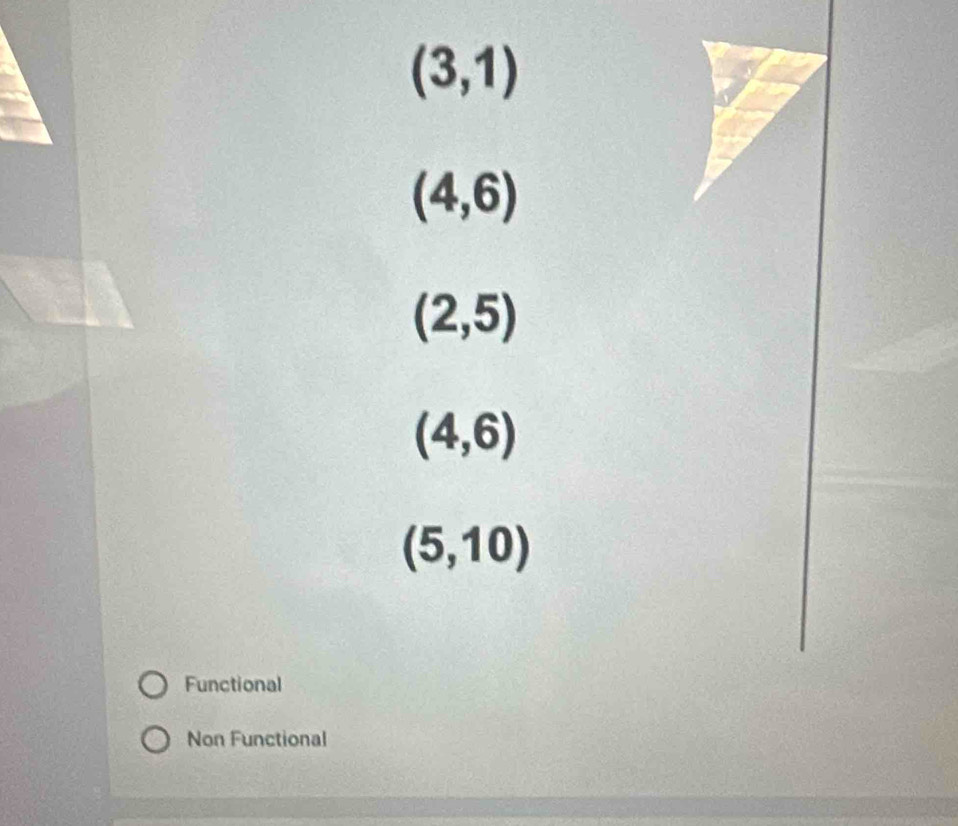 (3,1)
(4,6)
(2,5)
(4,6)
(5,10)
Functional
Non Functional