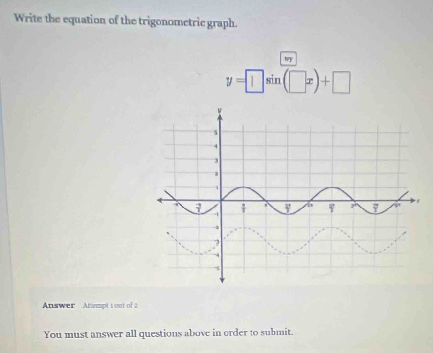 Write the equation of the trigonometric graph.
y=□ sin (□ x)+□
Answer Attempt 1 out of 2
You must answer all questions above in order to submit.