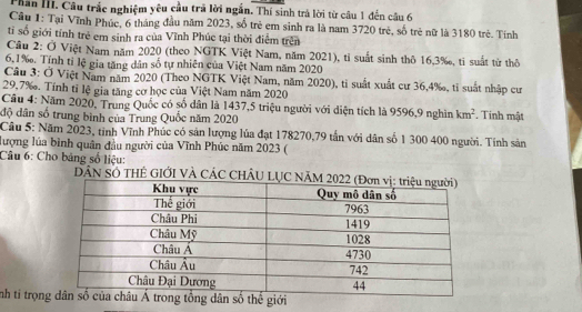 Phần III. Câu trắc nghiệm yêu cầu trã lời ngắn. Thí sinh trả lời từ câu 1 đến câu 6 
Cầu 1: Tại Vĩnh Phúc, 6 tháng đầu năm 2023, số trẻ em sinh ra là nam 3720 trẻ, số trẻ nữ là 3180 trẻ. Tính 
ti số giới tính trẻ em sinh ra của Vĩnh Phúc tại thời điểm trên 
Cầu 2: Ở Việt Nam năm 2020 (theo NGTK Việt Nam, năm 2021), tỉ suất sinh thô 16, 3 ‰, ti suất từ thô
6,1 ‰. Tính tỉ lệ gia tăng dân số tự nhiên của Việt Nam năm 2020 
Cầu 3: Ở Việt Nam năm 2020 (Theo NGTK Việt Nam, năm 2020), tỉ suất xuất cư 36, 4 ‰, tỉ suất nhập cư
29,7 ‰. Tính tỉ lệ gia tăng cơ học của Việt Nam năm 2020 
Cầu 4: Năm 2020, Trung Quốc có số dân là 1437, 5 triệu người với diện tích là 9596, 9 nghìn km^2
độ dân số trung bình của Trung Quốc năm 2020 . Tinh mật 
Câu 5: Năm 2023, tỉnh Vĩnh Phúc có sản lượng lủa đạt 178270, 79 tấn với dân số 1 300 400 người. Tính sản 
lượng lủa bình quân đầu người của Vĩnh Phúc năm 2023 ( 
Câu 6: Cho bảng số liệu: 
DÂN SÓ THÊ GIỚI VÀ CÁC CHÂ 
nh tỉ trọngiới