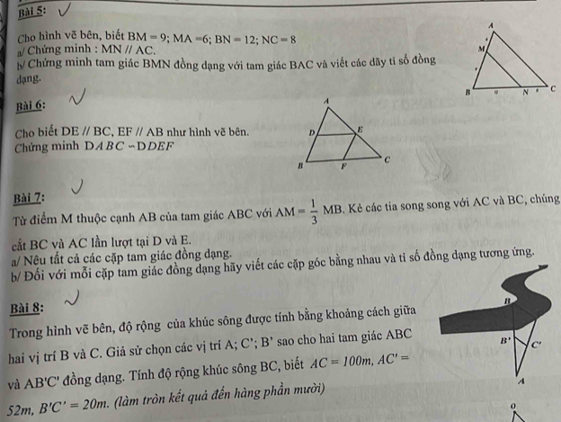 Cho hình vẽ bên, biết
a/ Chứng minh : MNparallel AC. BM=9;MA=6;BN=12;NC=8
Chứng minh tam giác BMN đồng dạng với tam giác BAC và viết các dãy tỉ số đồng
dạng.
Bài 6:
Cho biết DE//BC,EF//AB như hình vẽ bên. 
Chứng minh DABC −DDEF
Bài 7:
Từ điểm M thuộc cạnh AB của tam giác ABC với AM= 1/3 MB. Kẻ các tia song song với AC và BC, chúng
cắt BC và AC lần lượt tại D và E.
a/ Nêu tất cả các cặp tam giác đồng dạng.
b/ Đối với mỗi cặp tam giác đồng dạng hãy viết các cặp góc bằng nhau và tỉ số đồng dạng tương ứng.
Bài 8:
Trong hình vẽ bên, độ rộng của khúc sông được tính bằng khoảng cách giữa
hai vị trí B và C. Giả sử chọn các vị trí A; C’; B' sao cho hai tam giác ABC
và AB'C' đồng dạng. Tính độ rộng khúc sông BC, biết AC=100m,AC'=
52m,B'C'=20m (làm tròn kết quả đến hàng phần mười)
0