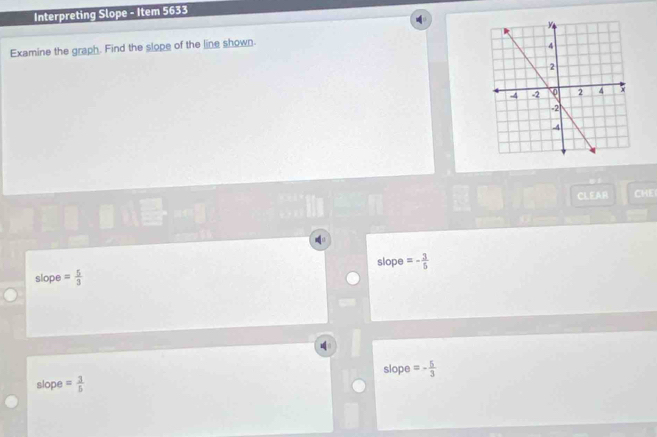 Interpreting Slope - Item 5633
Examine the graph. Find the slope of the line shown. 
CLEAR CHE
slope =- 3/5 
slope = 5/3 
slope =- 5/3 
slope = 3/5 