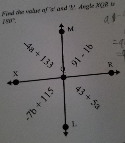 Find the value of 'a' and 'b'. Angle XQR is