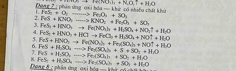 YHNO_3to Fe(NO_3)_3+N_xO_yuparrow +H_2O
3. Dang 7 : phản ứng 0xi hóa — khử có nhiều chất khử 
1. FeS_2+O_2to Fe_2O_3+SO_2
2. FeS+KNO_3---->KNO_2+Fe_2O_3+SO_3
3. FeS_2+HNO_3to Fe(NO_3)_3+H_2SO_4+NO_2uparrow +H_2O
4. FeS_2+HNO_3+HClto FeCl_3+H_2SO_4+NOuparrow +H_2O
5. FeS+HNO_3to Fe(NO_3)_3+Fe_2(SO_4)_3+NOuparrow +H_2O
6. FeS+H_2SO_4--->Fe_2(SO_4)_3+S+SO_2+H_2O
7. FeS+H_2SO_4--->Fe_2(SO_4)_3+SO_2+H_2O
8. FeS_2+H_2SO_4---->Fe_2(SO_4)_3+SO_2+H_2O
Dang 8 : phản ứng oxi hóa — khử có chế hữ