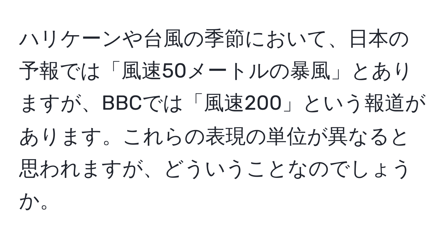 ハリケーンや台風の季節において、日本の予報では「風速50メートルの暴風」とありますが、BBCでは「風速200」という報道があります。これらの表現の単位が異なると思われますが、どういうことなのでしょうか。