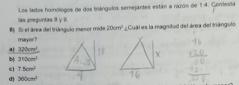 Los lados homólogos de dos triángulos semejantes están a razón de 1:4. Contesta
las preguntas 8 y 9.
8) Si el área del triángulo menor mide 20cm^2 ¿Cuál es la magnitud del área del triángulo
mayor?
a) 320cm^2
b) 310cm^2
c) 7.5cm^2
d) 360cm^2