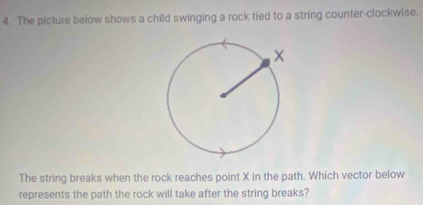 The picture below shows a child swinging a rock tied to a string counter-clockwise. 
The string breaks when the rock reaches point X in the path. Which vector below 
represents the path the rock will take after the string breaks?