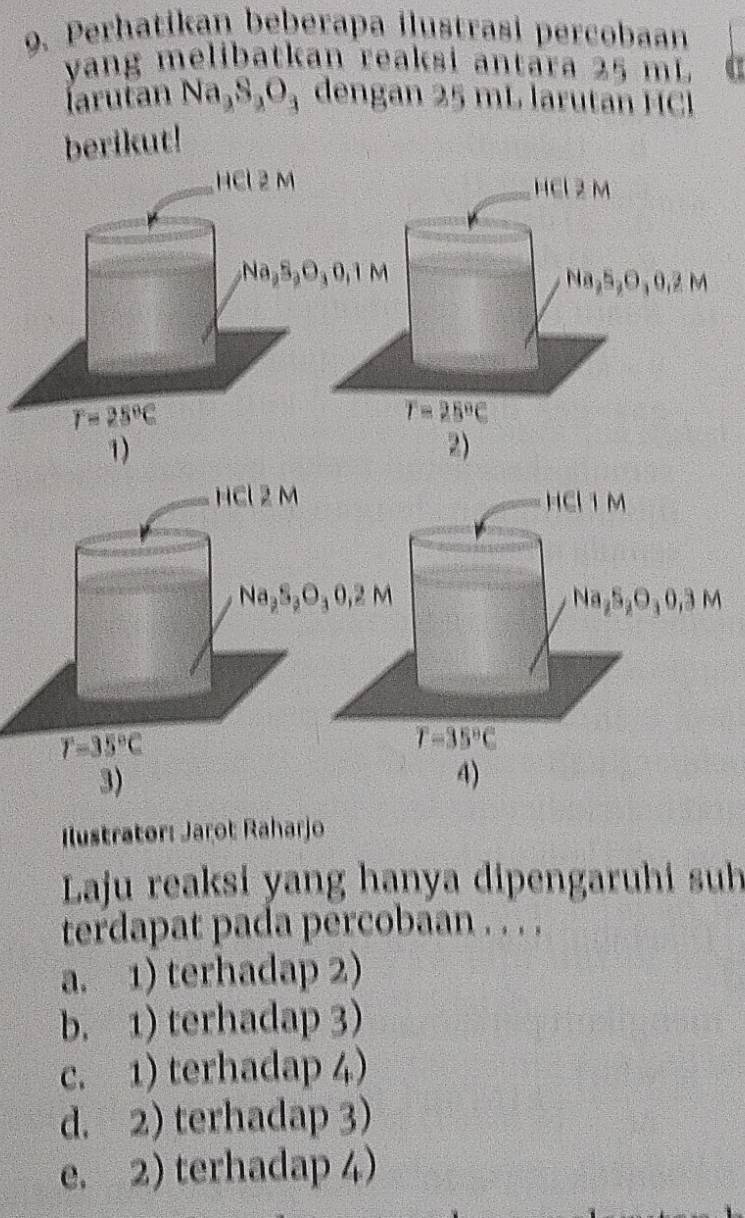 Perhatikan beberapa ilustrasi percobaan
yang melibatkan reaksi antara 25 mL a
larutan Na_2S_2O_3 dengan 25 mL larutan HCL
berikut!
HCl 2 M HCl 2 M
Na_2S_2O_30, 1M
Na, 5, O, 0, 2M
r=25°C
T=25°C
1)
2)
HCl 2 M
lcl1M
Na_2S_2O_30.2M
Na_2S_2O_30,3M
r=35°C
T=35°C
3)
4)
Ilustrator: Jaçot Raharjo
Laju reaksi yang hanya dipengaruhi suh
terdapat pada percobaan . . . .
a. 1) terhadap 2)
b. 1) terhadap 3)
c. 1) terhadap 4)
d. 2) terhadap 3)
e. 2) terhadap 4)