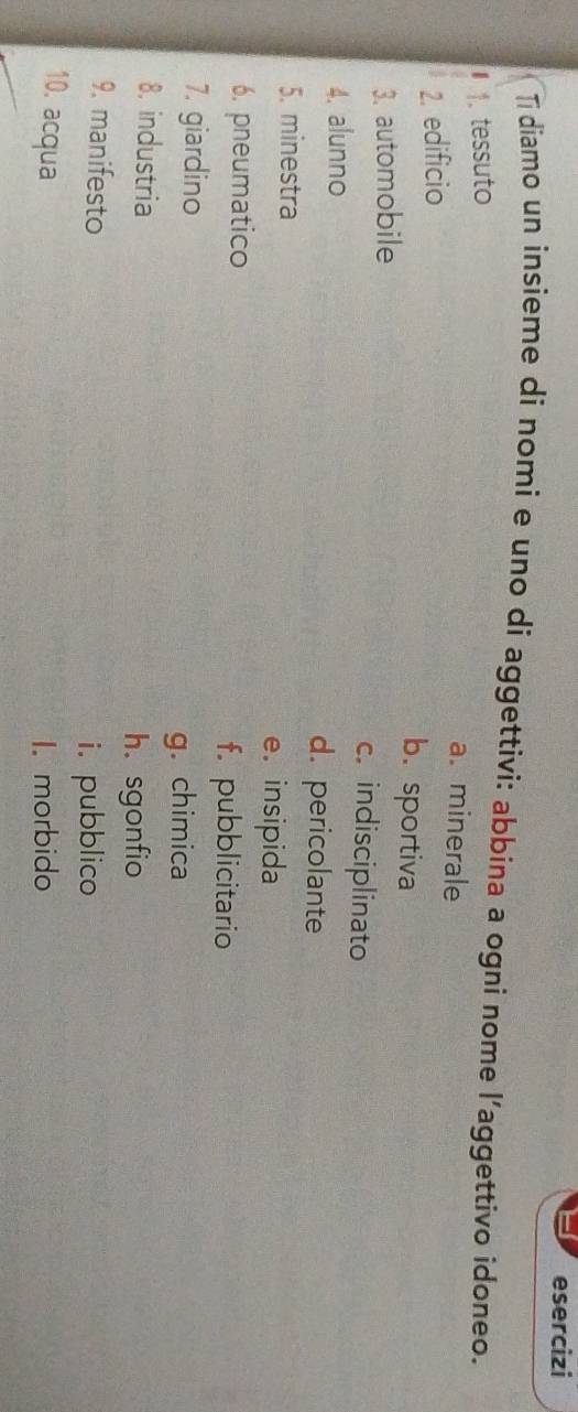 esercizi
Ti diamo un insieme di nomi e uno di aggettivi: abbina a ogni nome l’aggettivo idoneo.
1. tessuto
a. minerale
2. edificio
b. sportiva
3. automobile
c. indisciplinato
4. alunno d. pericolante
5. minestra
e.insipida
6. pneumatico f. pubblicitario
7. giardino
g. chimica
8. industria
hsgonfio
9. manifesto
i. pubblico
10. acqua I. morbido