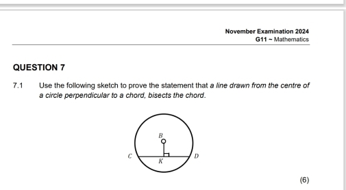 November Examination 2024 
G11 ~ Mathematics 
QUESTION 7 
7.1 Use the following sketch to prove the statement that a line drawn from the centre of 
a circle perpendicular to a chord, bisects the chord. 
(6)