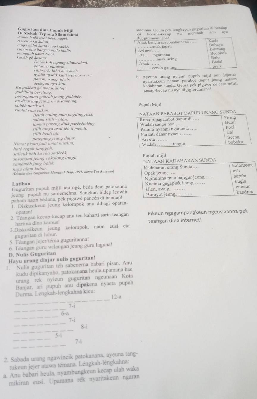 Guguritan dina Pupuh Mijil
sasatona. Geura pek lengkepan guguritan di handap
Di Mekah Tepung Silaturahmi
ku
Jamaah téh asal béda nagri. kecapa-kecap nu merenah anʊ aya
ti wētan ka kulon. 
nagri kidul katut nagri kalér, 
rupa-rupa bangsa pada hadir, 
mungguh umat Nabi, 
kabéh gé kasaur. 
Di Mekah tepung silaturahmi.
patanya patakon.
silihrérét loba anu anéh. 
nyidik-nyidik kulit warna-warni
panon, irung, biwir, b. Ayeuna urang nyieun pupuh mijil anu jejerna
ded egan n v a k itu nyaritakeun nataan parabot dapur jeung nataan
Ku pakéan gé matak kataji, kadaharan sunda. Geura pek pigawe ku cara milih
godéblag berelong kecap-kecap nu aya digigireunnana!
potonganna gobrah jeung godobér,
nu disarung jeung nu disamping.
kabêh narik ati. Pupuh Mijil
runtut raut rukun.
Betah teuing mun pagilinggisik, RANG SUNDA
salam silih walon.
lamun pareng diuk paréréndéng, 
silih tanya asal têh ti mendi. 
silih beuli ati, 
patepung jeung dulur. 
Nimat pisan jadi umat muslim, 
haté teguh tanggoh,
salieuk béh ku rêa sadérék,
sosonoan jeung sakolong langit, Pupuh mijil
saméméh jung balik, 
nuju alam kubur. 
(Dicutar tina Guguritan Munggah Haji, 1995, karya Yus Rusyana) 
Latihan
Guguritan pupuh mijil ieu ogé, béda deui patokanna
jeung pupuh nu samemehna. Sangkan hidep leuwih
paham naon bédana, pék pigawé pancén di handap!
1. Diskusikeun jeung kelompok anu dibagi opatan-
opatan!
2. Téangan kecap-kecap anu teu kaharti sarta téangan Pikeun ngagampangkeun ngeusiaanna pek
hartina dina kamus! teangan dina internet!
3.Diskusikeun jeung kelompok, naon eusi eta
guguritan di lubur.
5. Téangan jejer/téma guguritanna!
6. Téangan guru wilangan jeung guru laguna!
D. Nulis Guguritan
Hayu urang diajar nulis guguritan!
1. Nulis guguritan téh sabenerna babari pisan. Anu
kudu dipikanyaho, patokanana heula.upamana bae
urang rek nyieun guguritan ngeunaan Kota
Banjar, ari pupuh anu dipakena nyaeta pupuh
Durma. Lengkah-lengkahna kieu:
_
12-a
_
_
7-i
_
6- a
_
7-i
_
8-i
_
5-i
_
7-i
2. Sabada urang ngawincik patokanana, ayeuna tang-
tukeun jejer atawa témana. Léngkah-léngkahna:
a. Anu babari heula, nyambungkeun kecap ulah waka
mikiran eusi. Upamana rék nyaritakeun ngaran