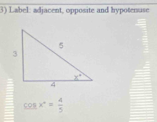 Label: adjacent, opposite and hypotenuse
cos x°= 4/5 