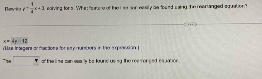 Rewrite y= 1/4 x+3 , solving for x. What feature of the line can easily be found using the rearranged equation?
x=4y-12
(Use integers or fractions for any numbers in the expression.) 
The □ of the line can easily be found using the rearranged equation.