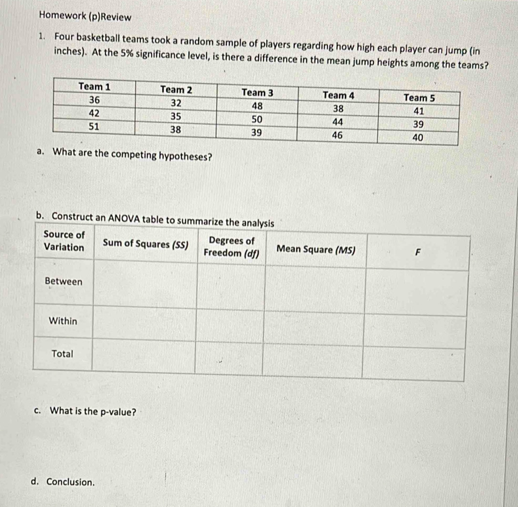 Homework (p)Review 
1. Four basketball teams took a random sample of players regarding how high each player can jump (in 
inches). At the 5% significance level, is there a difference in the mean jump heights among the teams? 
a. What are the competing hypotheses? 
b. Constru 
c. What is the p -value? 
d. Conclusion.