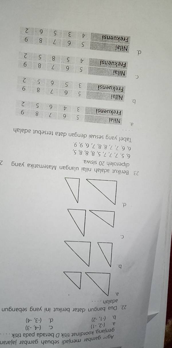 Agar gambar menjadi sebuah gambar jajaran
genjang, koordinat titik D berada pada titik . . .
a. (-2,-1)
C. (-4,-3)
b. (-1,-2)
d. (-3,-4)
22. Dua bangun datar berikut ini yang sebangun
adalah . . . .
a.
b.
C.
d.
23 Berikut adalah nilai ulangan Matematika yang 2
diperoleh 20 siswa.
6, 5. 7, 7, 7, 5, 8, 8, 8, 5,
6, 6, 7, 7, 8, 8, 7, 6, 9, 9.
Tabel yang sesuai dengan data tersebut adalah
b
C
d