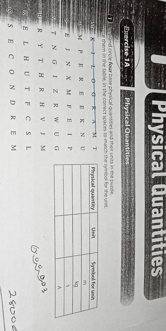 Physical Quantities 
Exercise 1A Physical Quantities 
a bind and circle four base physical quantities and their units in the puzzle. 
Write them in the table, in the correct spaces to match the symbol for the unit. 
M K I L G R A M T 
A M P E R E E K N U 
E J N X M F E I P 
- T N G I Z R W U G 
B R Y T H R H V J M 
K E L H U T F C S L 
Q s E C 0 N D R E M