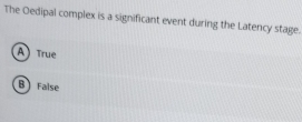 The Oedipal complex is a significant event during the Latency stage.
A True
BFalse