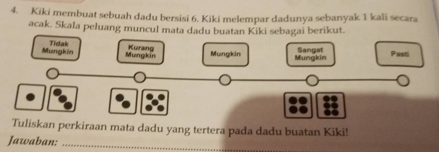 Kiki membuat sebuah dadu bersisi 6. Kiki melempar dadunya sebanyak 1 kali secara
acak. Skala peluang muncul mata dadu buatan Kiki sebagai berikut.
Tidak Kurang
Sangat
Mungkin Mungkin Mungkin Pasti
Mungkin
Tuliskan perkiraan mata dadu yang tertera pada dadu buatan Kiki!
Jawaban:_