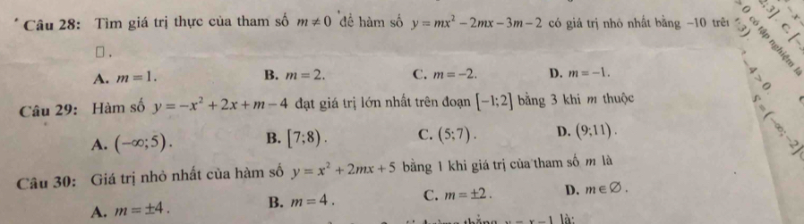 Tìm giá trị thực của tham số m!= 0 để hàm số y=mx^2-2mx-3m-2 có giá trị nhỏ nhất bằng −10 trê7
□ .
A. m=1. B. m=2. C. m=-2. D. m=-1.

-3
Câu 29: Hàm số y=-x^2+2x+m-4 đạt giá trị lớn nhất trên đoạn [-1;2] bằng 3 khi m thuộc
A. (-∈fty ;5). B. [7;8). C. (5;7). D. (9;11). 
Câu 30: Giá trị nhỏ nhất của hàm số y=x^2+2mx+5 bằng 1 khi giá trị của tham số m là
A. m=± 4. B. m=4. C. m=± 2. D. m∈ varnothing.
x-x-1 là: