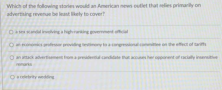 Which of the following stories would an American news outlet that relies primarily on
advertising revenue be least likely to cover?
a sex scandal involving a high-ranking government official
an economics professor providing testimony to a congressional committee on the effect of tariffs
an attack advertisement from a presidential candidate that accuses her opponent of racially insensitive
remarks
a celebrity wedding