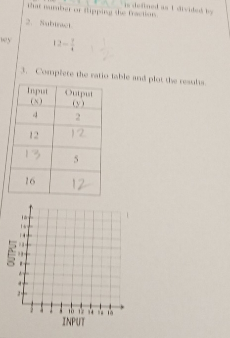 is defined as I divided by . 
that number or flipping the fraction. 
2. Subtraet. 
hey 12- 7/4 
3. Complete the ratio table and plot the results.